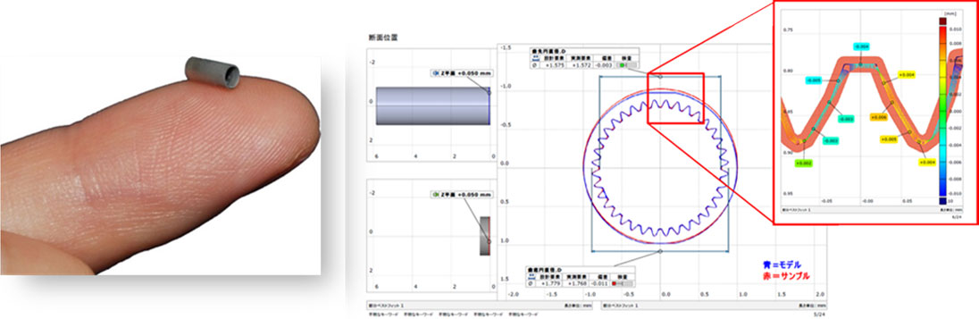 μ-MIMにより実現した、微小内歯歯車とその断面プロファイル