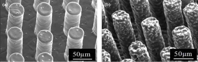 SUS316Lを用いて作製したマイクロピラー (a)平均粒径3μm, (b)平均粒径9μmの粉末を使用
